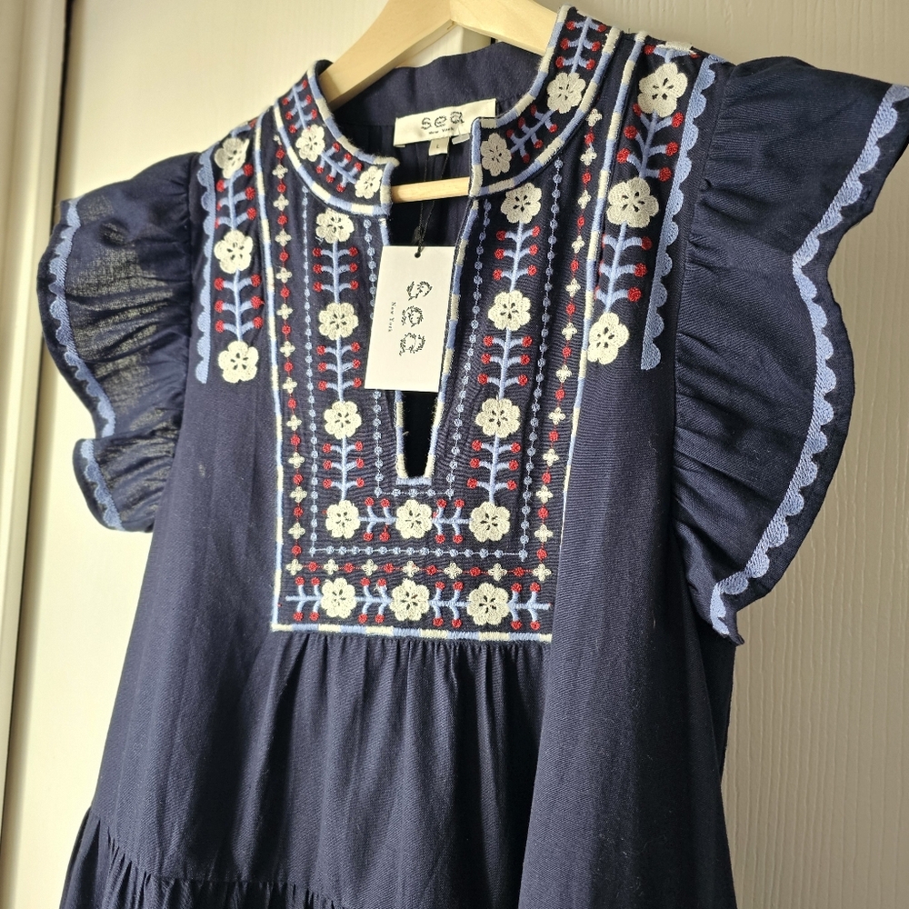 Sea New York Navy Embroidery Flutter Sleeve Mini Dress Sz L NWT - Picture 8 of 9
